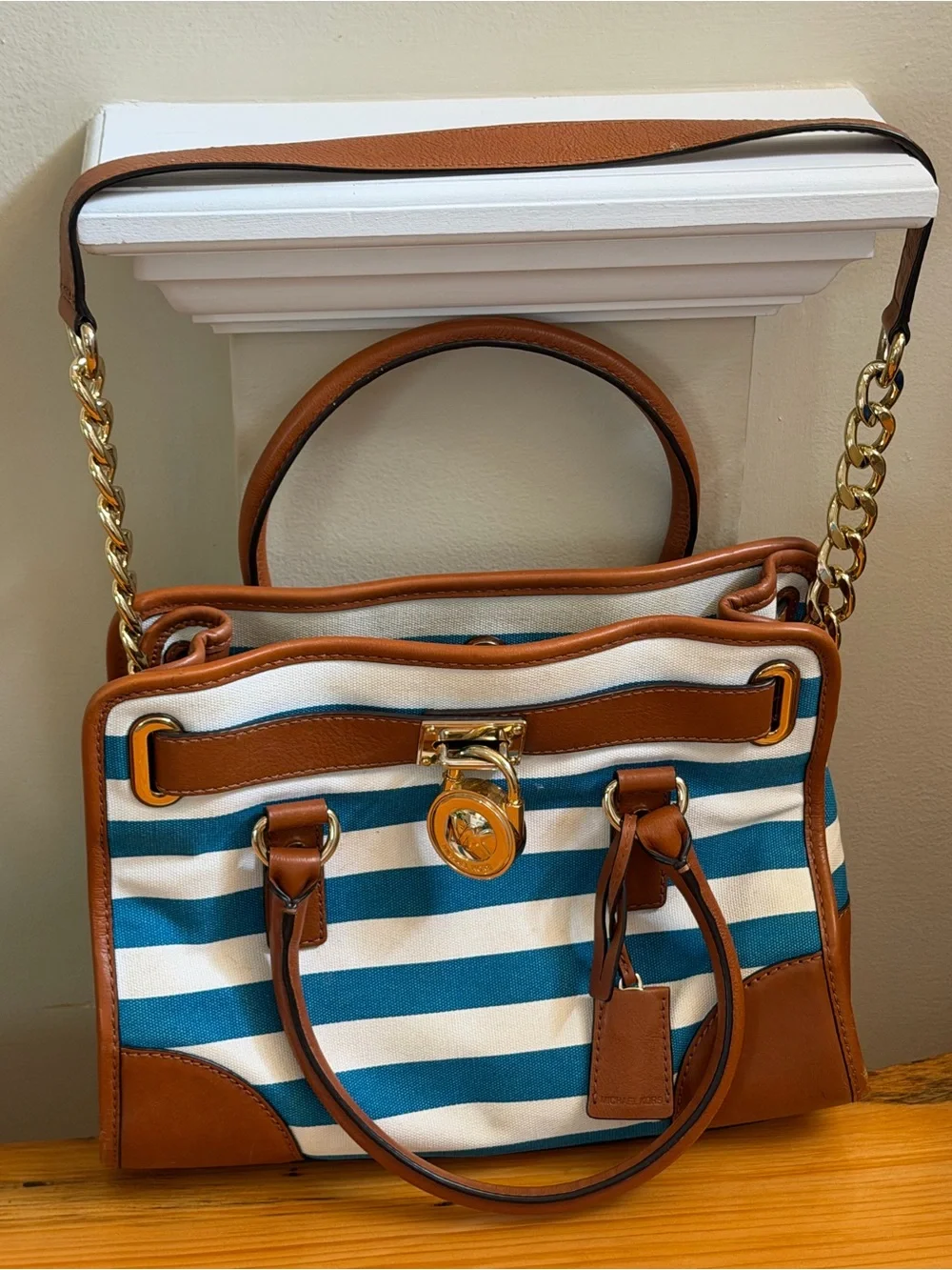 Michael Kors Hamilton Striped Blue White Crossbody Canvas Satchel Tan Leather